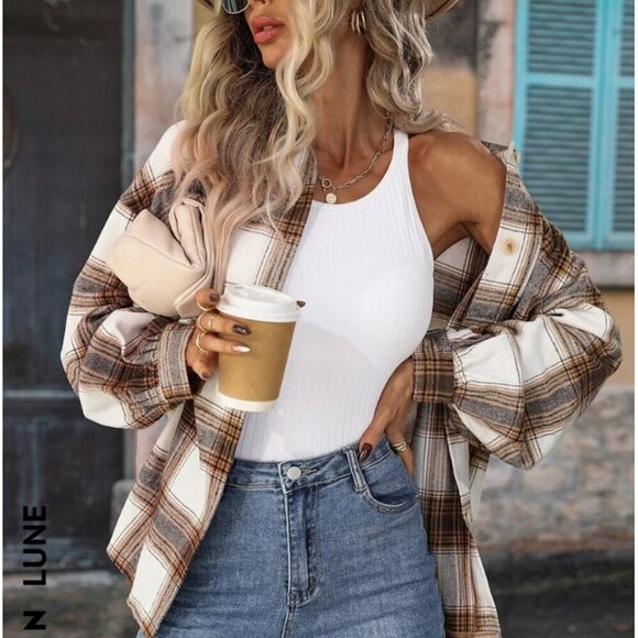 SHEIN Lune Plaid Drop Shoulder Coat Shacket Button Down Jacket - Size 4 - Picture 5 of 15